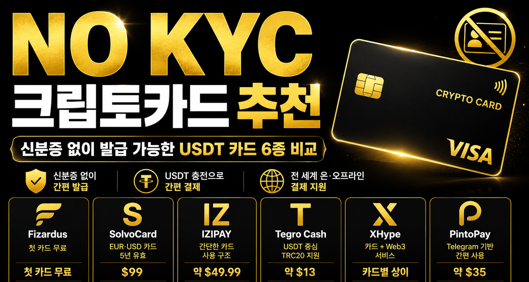 본인인증 없는 크립토카드 추천 및 NO KYC USDT 카드 비교