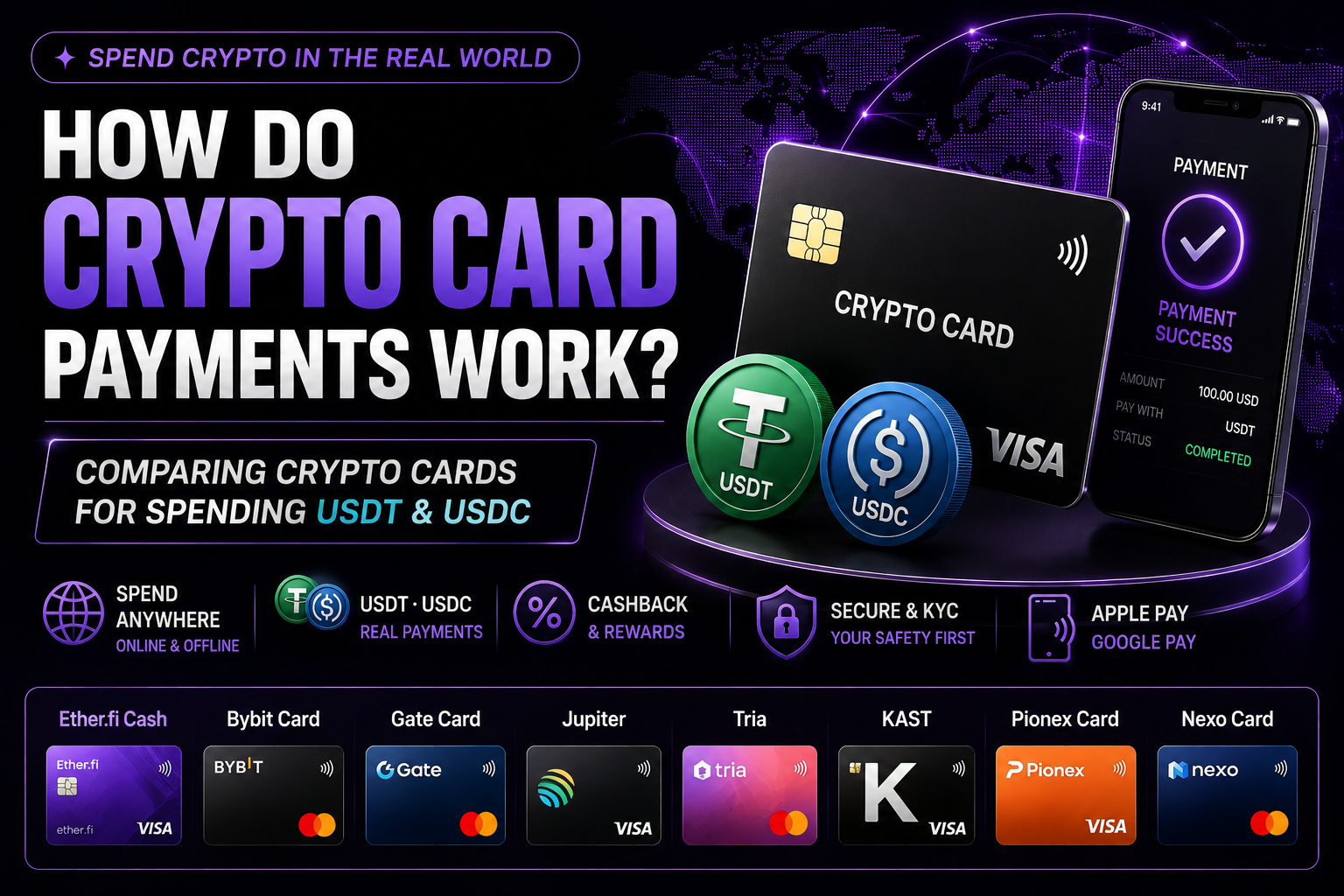 Crypto card payment guide comparing cards for spending USDT and USDC